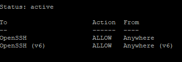 Скриншот, на котором показан статус UFW  при первоначальной настройке VPS с Ubuntu 20.04