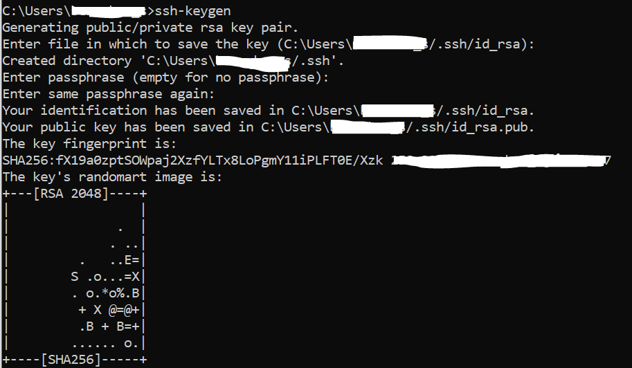 Скриншот с результатом создания SSH-ключа на локальной Windows-машине при первоначальной настройке VPS с Ubuntu 20.04