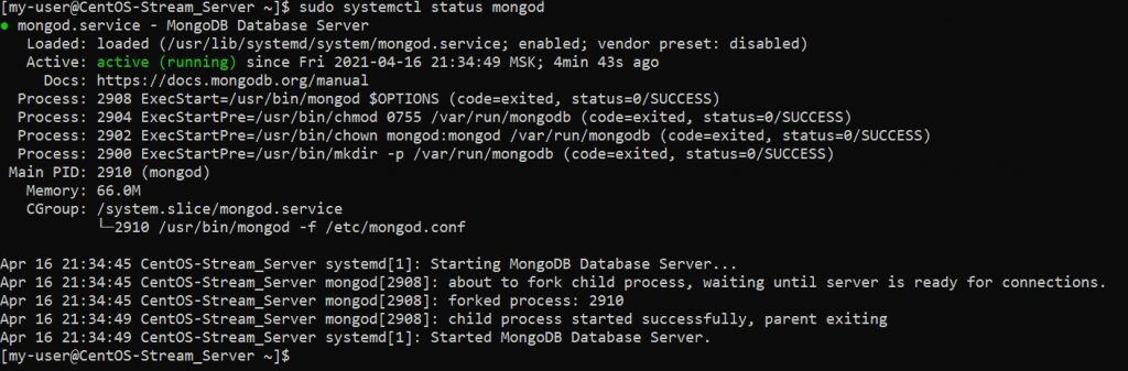 Проверка состояния службы MongoDB