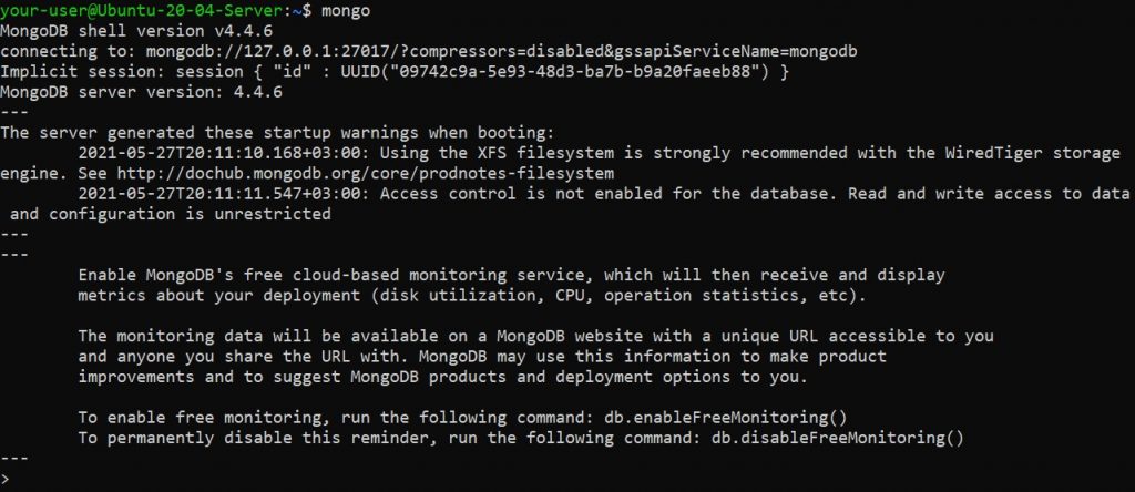 Подключение к оболочке MongoDB - настройка безопасности MongoDB в Ubuntu 20.04