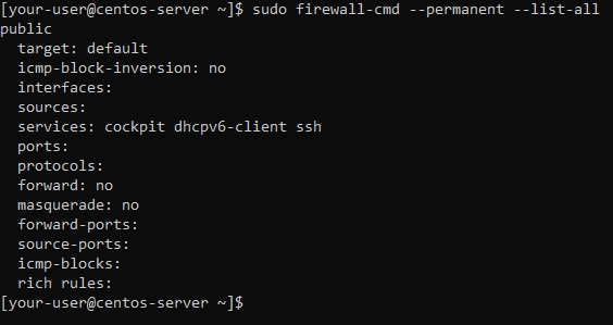 Вывод команды sudo firewall-cmd --permanent --list-all