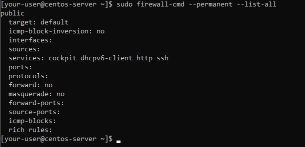 Вывод команды sudo firewall-cmd --permanent --list-all - Управление портами в Linux