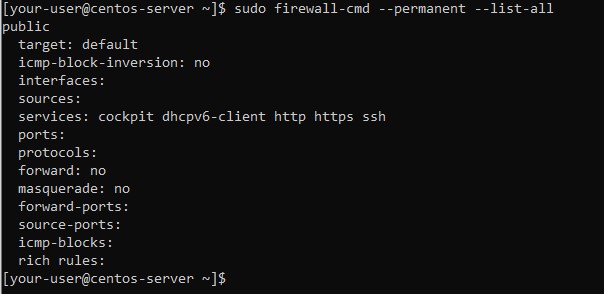 Вывод команды sudo firewall-cmd --permanent --list-all - Управление портами в Linux