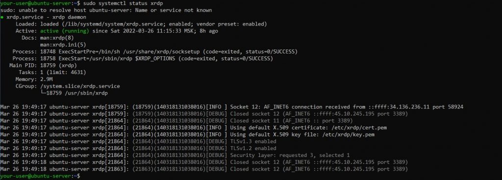 Статус сервиса xrdp - Установка и подключение к графической оболочке на Linux-сервере