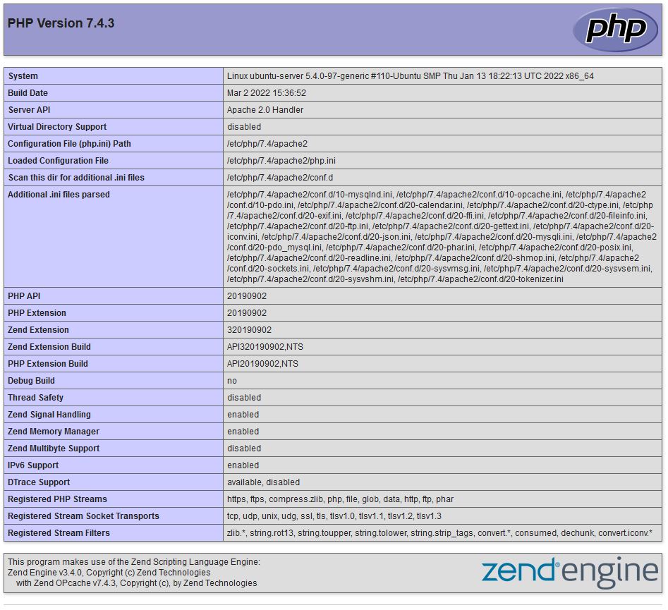 Конфигурационная страница PHP