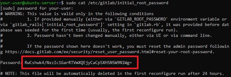 Пароль учётной записи root для подключения к GitLab