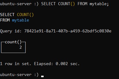 SELECT COUNT() FROM mytable; - Как установить и использовать ClickHouse на Ubuntu 20.04