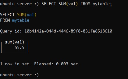 SELECT SUM(val) FROM mytable; - Как установить и использовать ClickHouse на Ubuntu 20.04