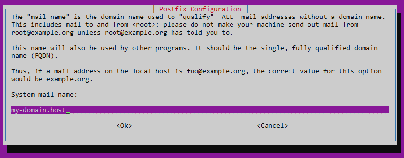 Подтверждение имени домена при установке Postfix