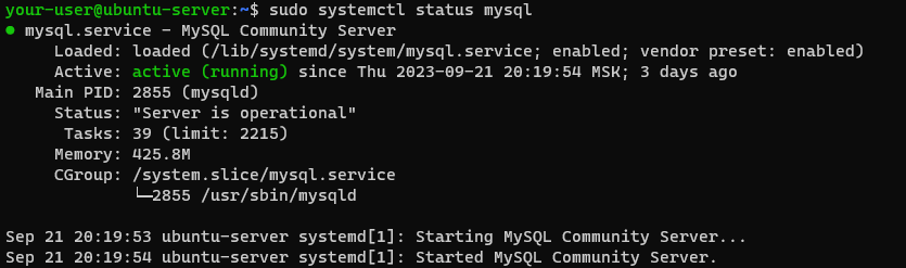 Статус MySQL - Как установить Redmine на Ubuntu