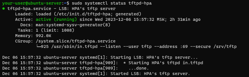Проверка статуса tftpd-hpa - Как установить tftp-сервер на Ubuntu