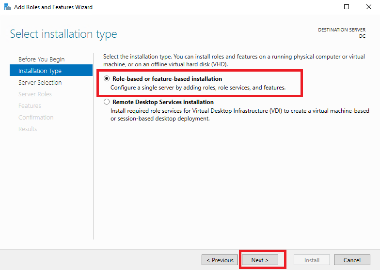 Выбор Role based or features-based installation