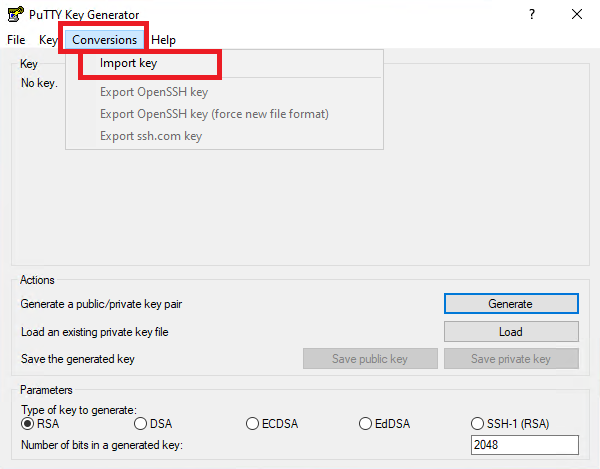 Импорт SSH-ключа в PuTTYgen