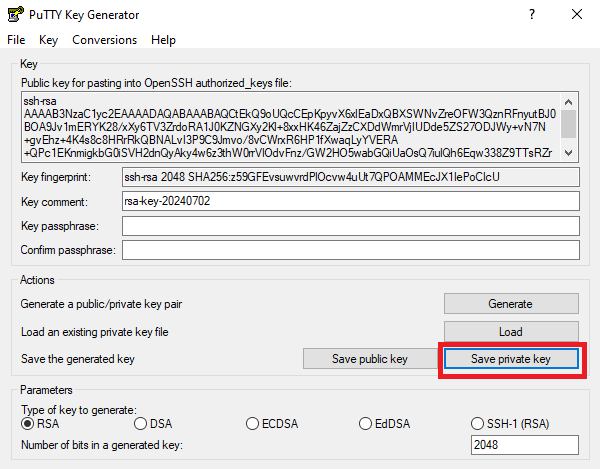 Сохранение секретного ключа в файл - Как создать SSH-ключи с помощью PuTTY