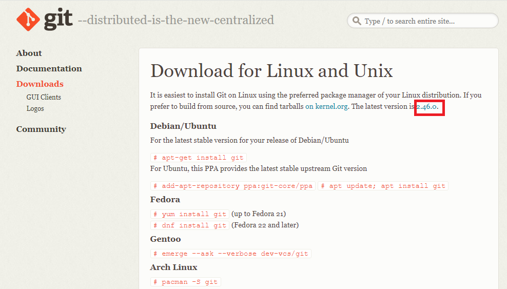 Страница загрузки дистрибутива Git для Linux-систем