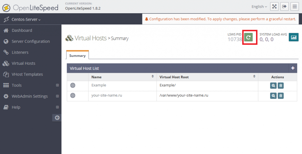 Перезапуск конфигурации OpenLiteSpeed
