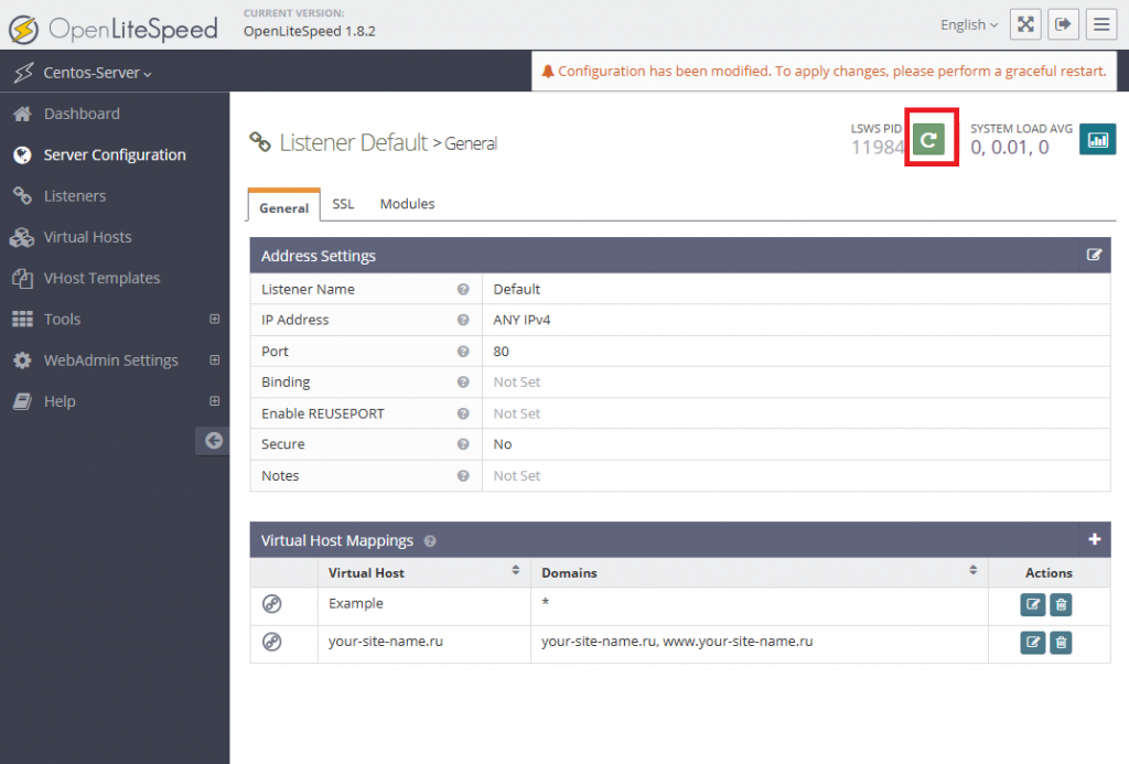 Перезапуск конфигурации OpenLiteSpeed