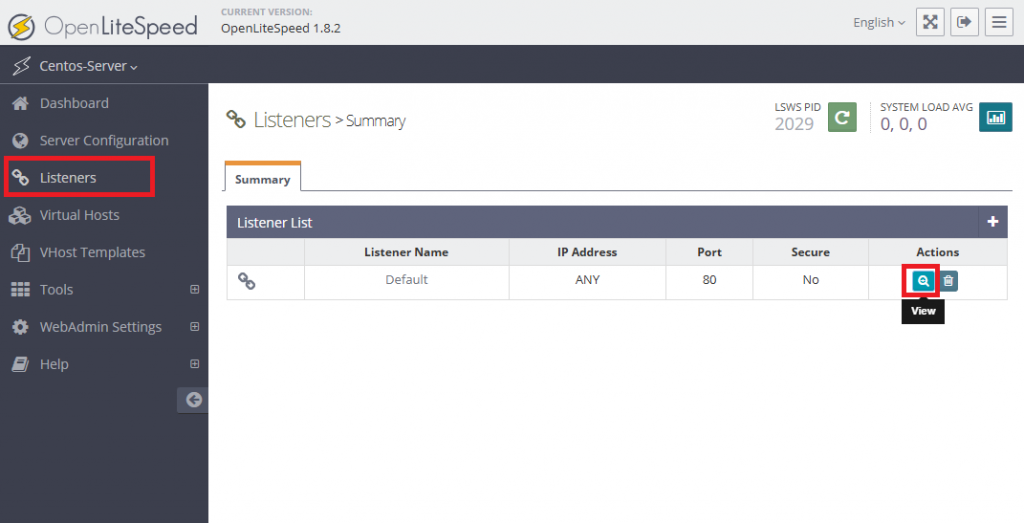 Вкладка Listeners панели управления OpenLiteSpeed - виртуальный хост OpenLiteSpeed на CentOS