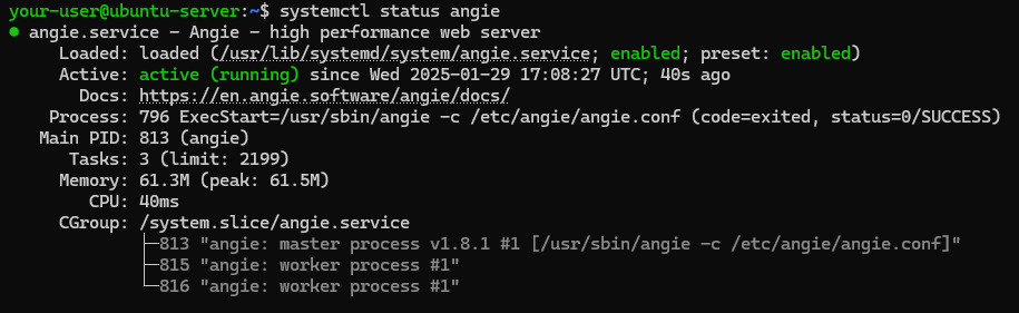 Состояние службы Angie - Как установить Angie на Ubuntu