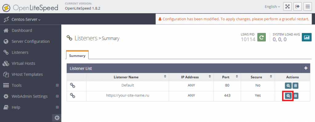 Строка сайта в разделе Listeners - Как установить сертификат Let's Encrypt на OpenLiteSpeed