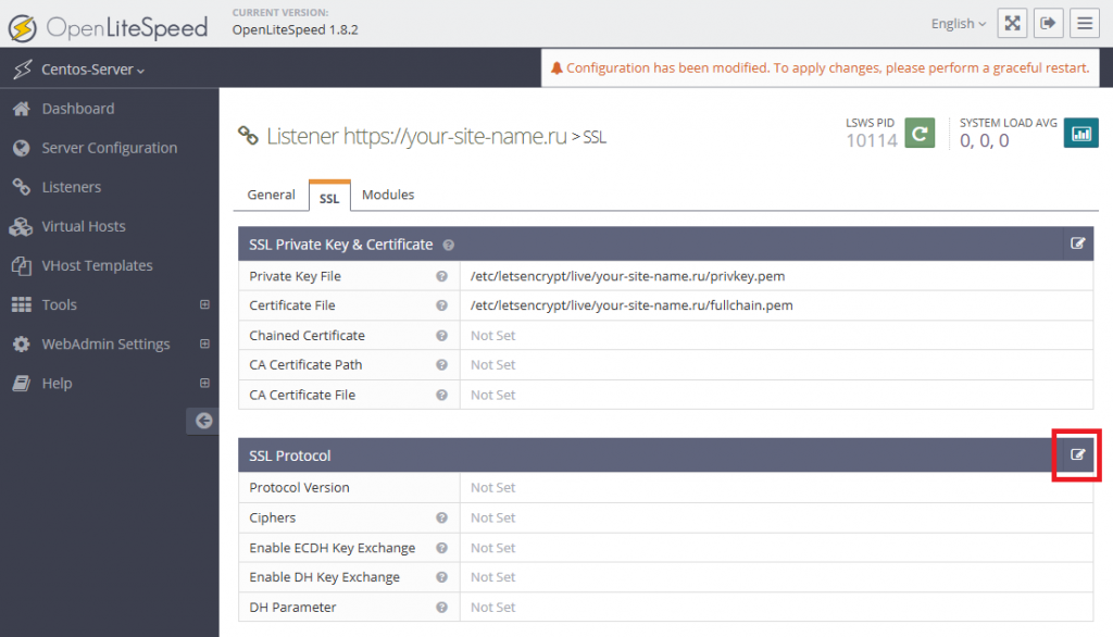Редактирование раздела SSL Protocol - Как установить сертификат Let's Encrypt на OpenLiteSpeed