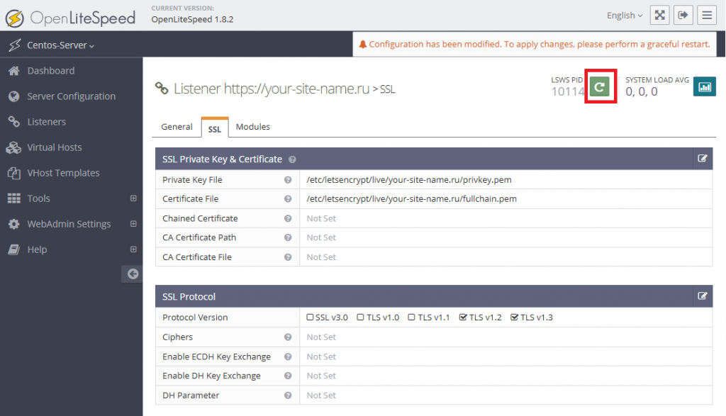 Перезапуск конфигурации OpenLiteSpeed