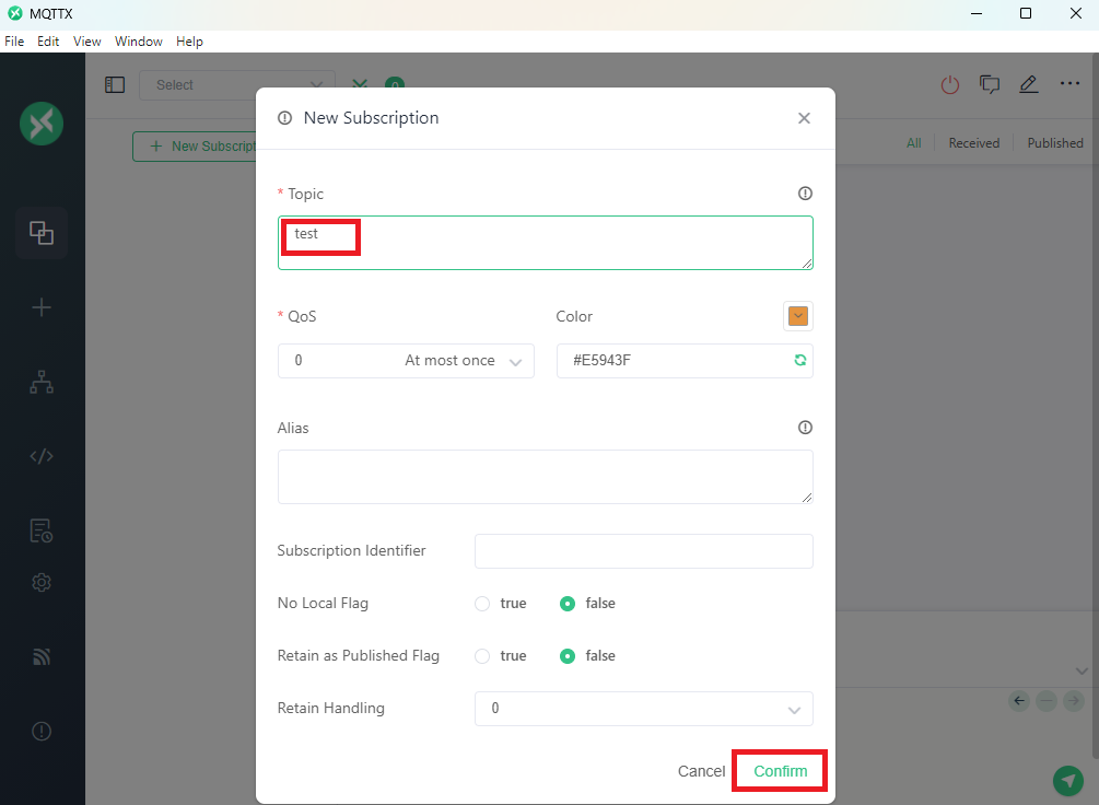 Запуск подписки на тестовый MQTT-топик в MQTTX