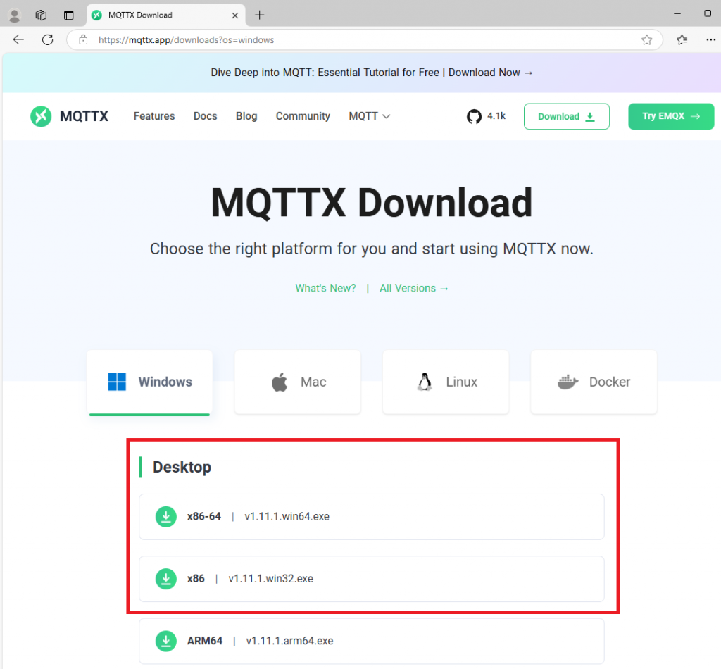 Страница загрузки Windows версии MQTTX