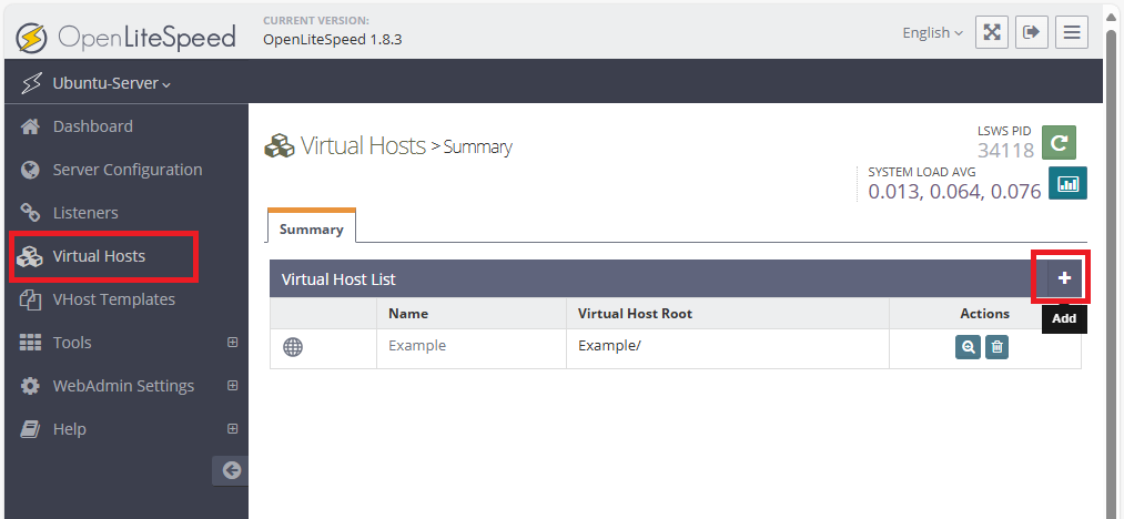 Вкладка Virtual Hosts - Как запустить несколько сайтов на OpenLiteSpeed