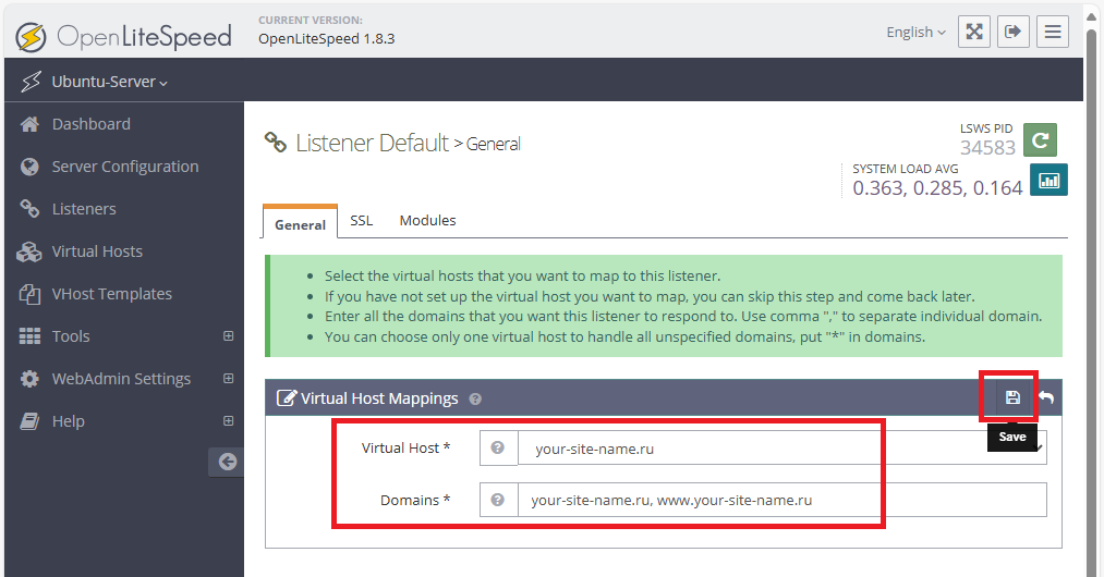 Привязка виртуального хоста в Virtual Host Mappings
