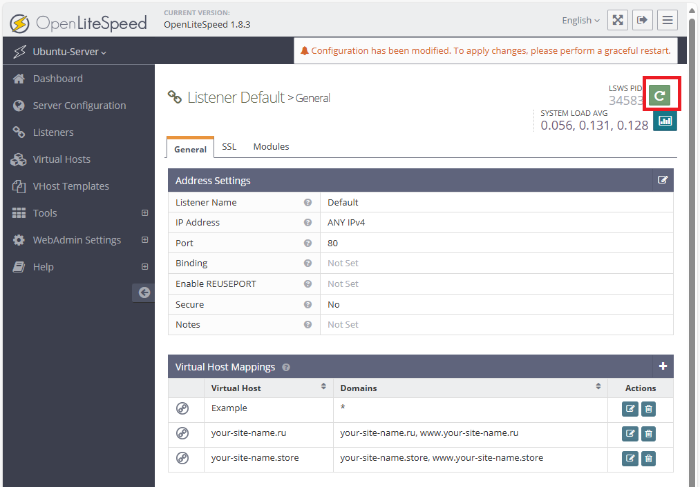 Перезапуск конфигурации OpenLiteSpeed - Как запустить несколько сайтов на OpenLiteSpeed