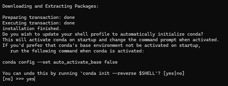 Введите yes для автоматической инициализации conda