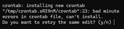 Сообщение об ошибке при некорректном указании времени в команде crontab -e