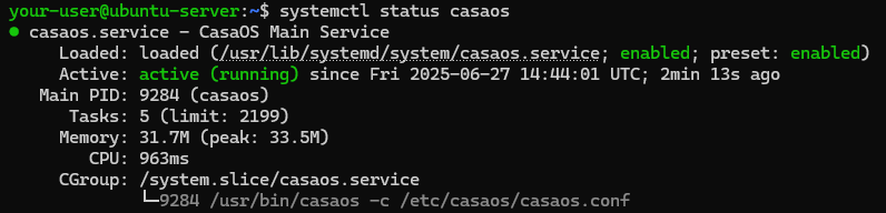 Вывод состояния службы CasaOS