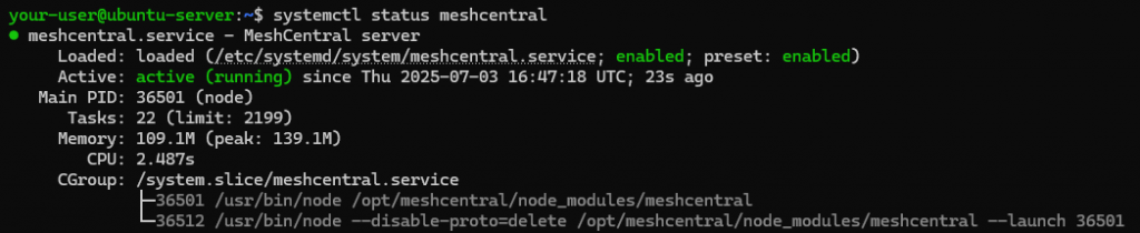 Вывод состояния службы MeshCentral