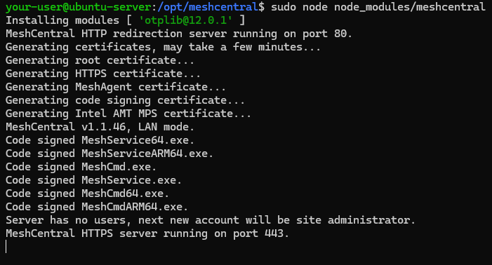 Вывод команды sudo node node_modules/meshcentral