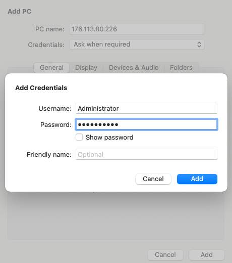 Имя пользователя т пароль для подключения по RDP из MacOS