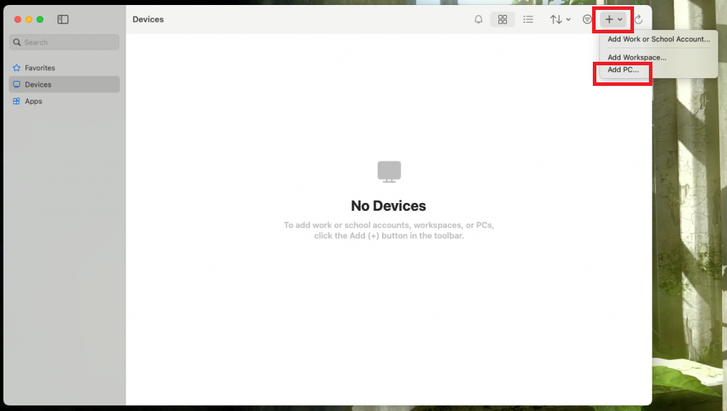 Добавление подключения в Windows App