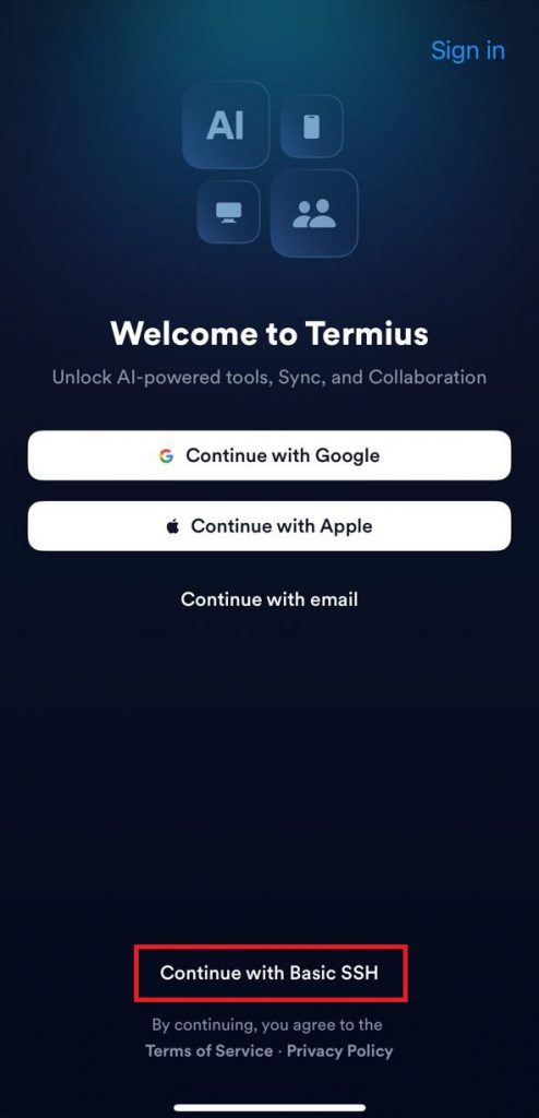 Continue with Basic SSH в стартовом окне Termius