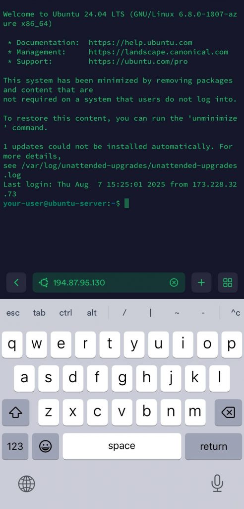 Терминал Linux-сервера при подключении из мобильной ОС