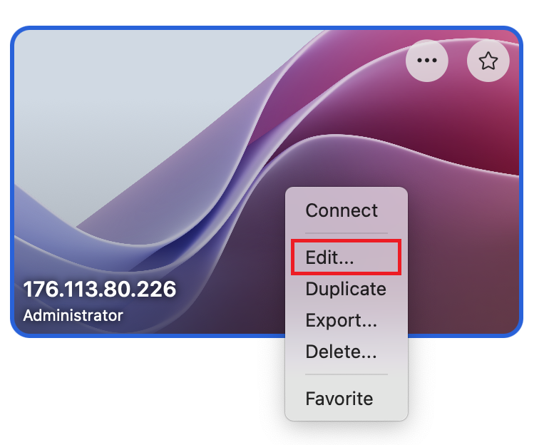 Редактирование подключения к удалённному рабочему столу на MacOS