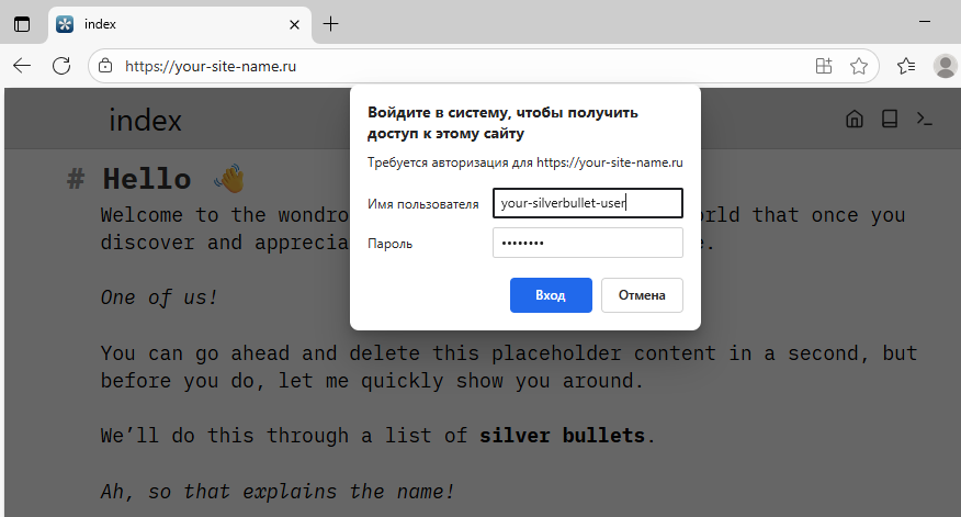Доступ к веб-интерфейсу SilverBullet, защищённому паролем