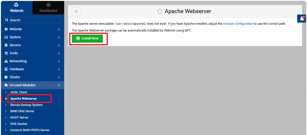 Установка Apache через Webmin