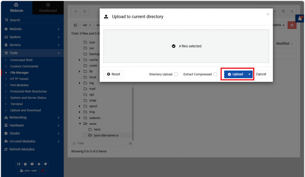 Загрузка файлов сайта в Webmin - Как установить Webmin на Ubuntu и Debian