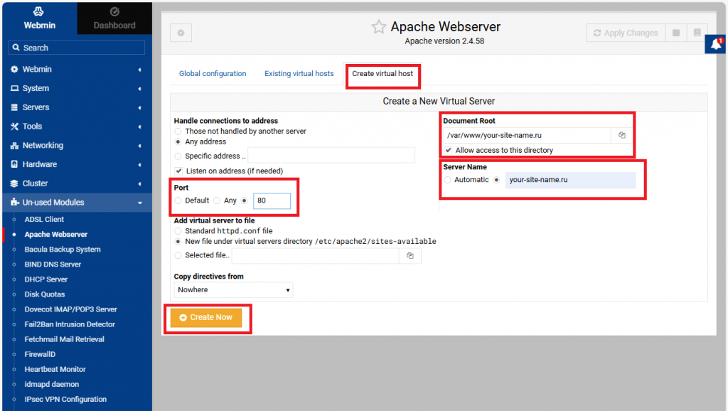 Создание нового виртуального хоста в Webmin
