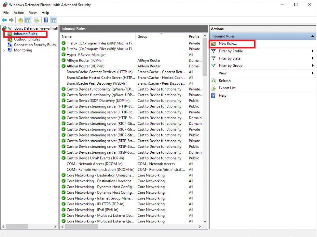 Создание нового правила в брандмауэре Windows