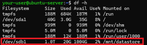 Вывод команды df с примонтированным разделом "Большой Диск"