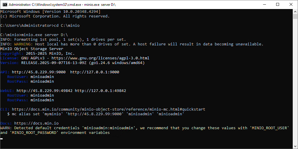 Запуск MiNIO из командной строки Windows