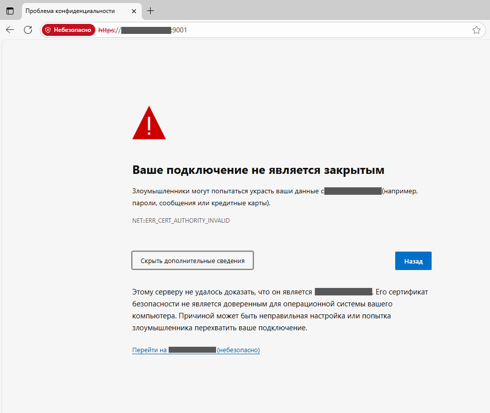 Предупреждение браузера о том, что сертификат выдан не доверенным центром сертификации