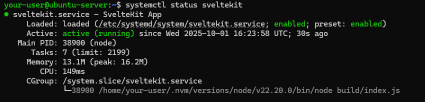 Вывод текущего состояния службы sveltekit
